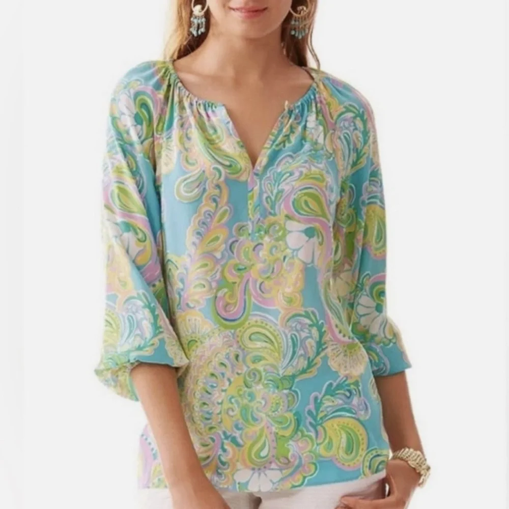Lilly Pulitzer | Sarabeth 3/4 Sleeve Silk Blouse Double Trouble 91852 (S) - Picture 1 of 16